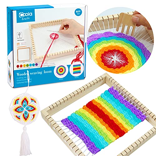 Coola Wooden Multi - Weaving Loom Kit for Kids Beginners Art and Craft Mini Loom(9 x 9in) Handcraft Including Crafting Kit,Wood Loom Frame,Colored Thread and Instructions