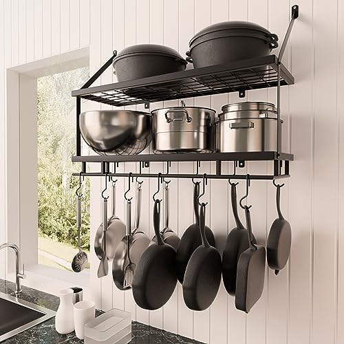 KES 30-Inch Kitchen Pot Rack - Mounted Hanging Rack for Kitchen Storage and Organization- Matte Black 2-Tier Wall Shelf for Pots and Pans with 12 Hooks - KUR215S75B-BK