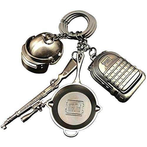 hebensi 4 Pcs Metal Keychain Including Level 3 Helmet Level 3 Backpack Kar98K and Frying Pan Iron Key Ring Pendant