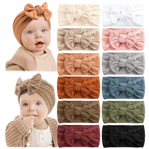 Prohouse 12 PCS Baby Headbands Handmade Super Stretchy Soft Nylon Hairbands Hair Bows Hair Accessories for Baby Girls Newborn Infant Toddlers Kids(Clay)