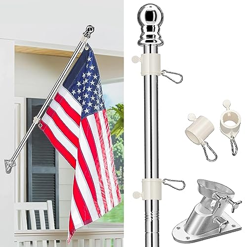 Flag Pole Kit, Silver Flag Poles for 3x5 American Flags Outdoor, Stainless Steel Metal Flag Poles and Wall Mount Holders Bracket for Outside House, Garden, Porch, Yard, 6 FT Handheld Flagpole