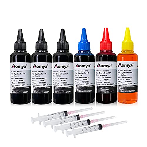 Aomya Compatible Ink Refill kit for HP 60 61 63 64 65 902 932 952 564 Refillable Ink Cartridge for HP Envy 4500 4520 5643 OfficeJet 6500a 6500 6000 (3 Black, 1 Cyan, 1 Magenta, 1 Yellow 6x100ml)