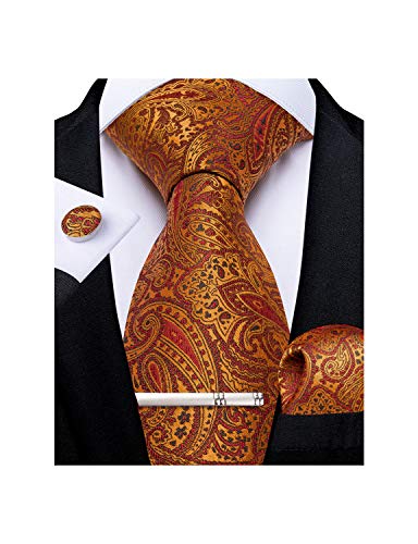 DiBanGu Mens Silk Burnt Orange Paisley Necktie and Pocket Square Cufflinks Tie Clip Set in Gift Box,Orange Ties for Men Party Wedding