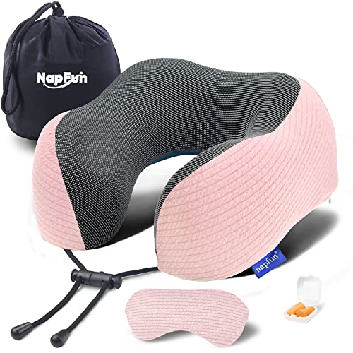 napfun Neck Pillow for Traveling, Upgraded Travel Neck Pillow for Airplane 100% Pure Memory Foam Travel Pillow for Flight Headrest Sleep, Portable Plane Accessories, Pink