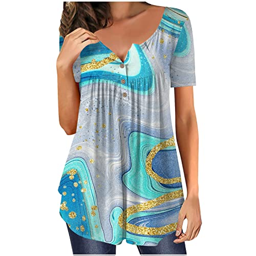 Blusas de Manga Corta para Mujer, Camisetas con Cuello en V Camiseta 2023 ropa de Verano a la Moda Camisetas sueltas UX2-Sky Blue Large