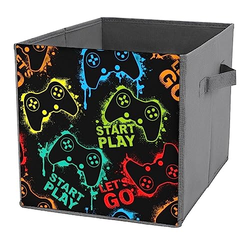 DamTma Video Game Storage Cubes Bin Fabric Foldable Joystick Gamepad Neon Storage Box Organizer Storage Boxes with Handles for Clothing Toys Game Controller Storage 11x11x11 Inch