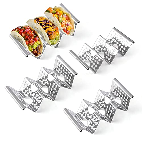 Chbuuero Taco Holders Set of 4, Taco Stand, Stainless Steel Taco Holder, Each Can Hold 3 Tortillas, with Easy-Access Handle, Fits Microwave, Air Fryer and Oven