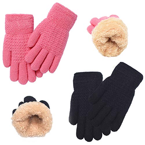 Winter Gloves for Boys Girls - Kids Warm Knit Thermal Cable Knitted Gloves Black Pink Wool Fleece Lined Mittens for Cold Weather