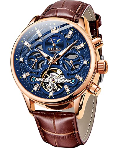OLEVS Men's Watch Leather Brown Skeleton Automatic Mechanical Tourbillon Calendar Moon Phase Luminous Waterproof Luxury Business Wristwatch