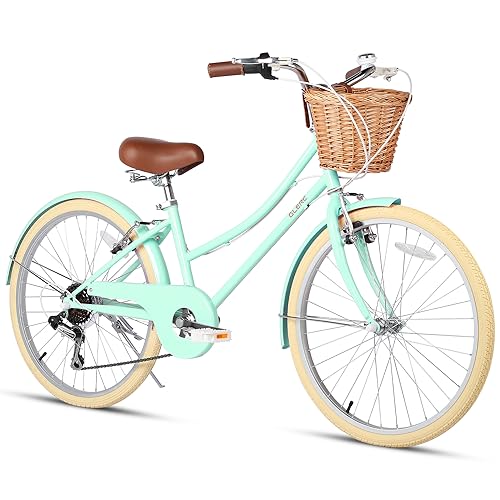 Glerc 24' Girls Cruiser Bike 6-Speed Cruiser Women's Hybird Bicycle for Ages 7 8 9 10 11 Years Old with Wicker Basket. Lightweight Frame and Fork, Mint Green…
