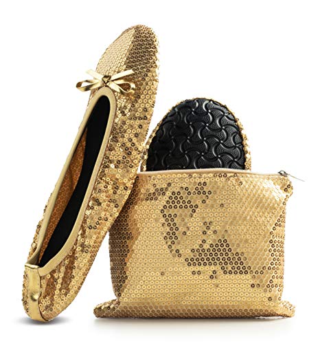 Women's Foldable Portable Travel Ballet Flat Roll Up Slipper Shoes (Large, Gold - Sequins)
