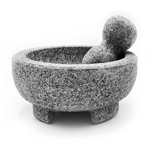 Umien Granite Mortar and Pestle Set Guacamole Bowl Molcajete 8 Inch - Natural Stone Grinder for Spices, Seasonings, Pastes, Pestos and Guacamole - Extra Bonus Avocado Tool Included