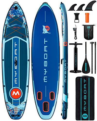 MYBOAT 11'6'×34'×6' Extra Wide Inflatable Paddle Board, Stand Up Paddle Board for Pets, Sup Board with Dog Pad, Multi-Functional Handle,3 Removable Fins, Dual Bungees, Camera Mount, Floating Paddle