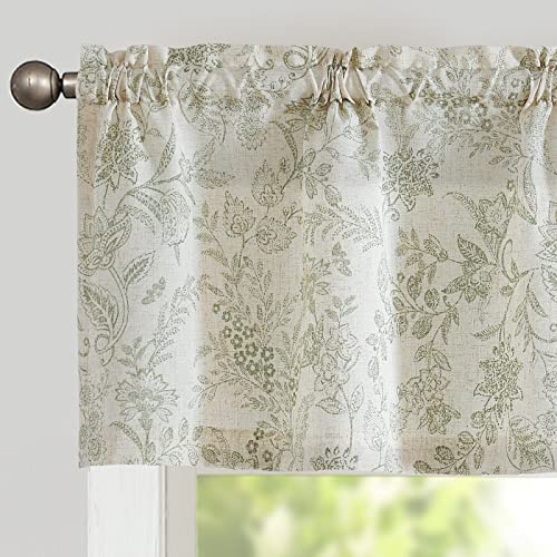 Vangao Farmhouse Linen Valance Curtain for Kitchen Floral Rustic Light Filtering Rod Pocket Window Topper Treatment 16 Inch Green on Beige
