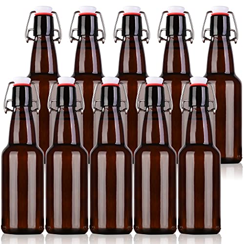 KITGLASCUP Amber Beer Bottles with Flip Caps, 12oz 10 Pack Glass Bottle with Swinging Top for Airtight Lids, Home Brewing and Fermentation Kombucha, Vanilla Extract, Beverage, Water, Kefir