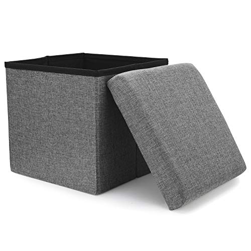 WoneNice Folding Storage Ottoman, Versatile Space-Saving Storage Cube Box with Memory Foam Seat, Max Load 100 kg Linen Gray 12 x 12 x 12 Inch
