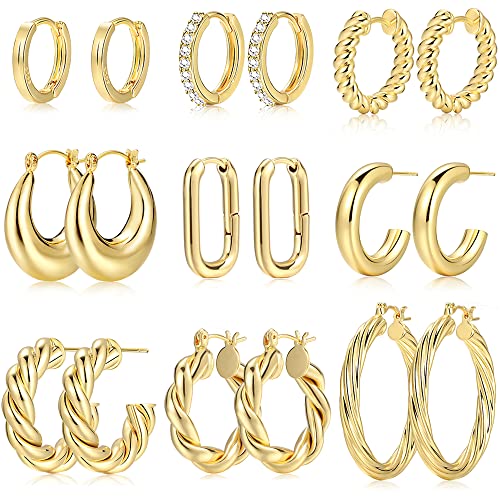 9 Pairs Gold Hoop Earrings for Women, 14K Gold Plated Lightweight Chunky Twisted Hoop Earrings Set for Gift (Gold 9 pair)