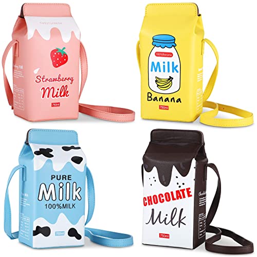 4 Set Girls Strawberry Milk Purse Pig Milk Box Small Purses Crossbody Purse Bag Pu Phone Shoulder Wallet Bag for Women Girl (Fruit)