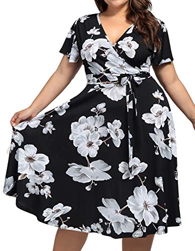 kissmay Plus Size A Line Dress, V-Waist Loose Fitting Classy Rockabilly 1940s Leaf Print Blind Pleat Dresses with Sleeves 90s Pretty Cap Sleeve Casual Midi Dress for Ladies Black White 20W