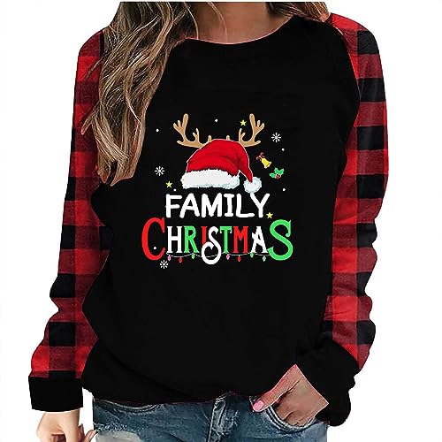 Family Christmas Shirts for Women Funny Xmas Printed Buffalo Plaid Raglan Sleeve Sweatshirt Holiday Lightweight Pullover Tops