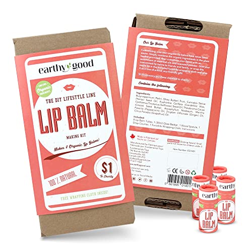 Earthy Good - DIY Lip Balm Kit Made With Organic Ingredients 100% Natural Making Kit Includes: Essential Oils, Cocoa Butter, Seaweed Powder, Beeswax Lip Balm Base, Tubes, Spatula & Drop Counter - Great Gift Set for Women, Kids and Families, Includes Furoshiki Cloth - Makes 8 Lip Balms