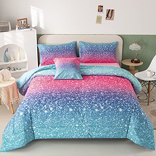 RYNGHIPY 6Pcs 3D Glitter Comforter Bedding Sets for Kids Teens Girls Women, Turquoise Blue Pink Rainbow Quilt Set Queen Size, Ultra Soft Reversible Bed in A Bag