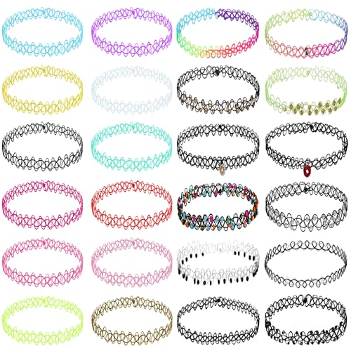 BodyJ4You 24PC Tattoo Choker Necklace Set - 90s Accessories Old School 2000s Jewelry - Pink Blue Green Beads Disco Ball Charm - One Size Women Teen Girl - Stretchy Multicolor Collar