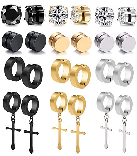 WAINIS 12 Pairs Stainless Steel Non Pierced Earrings for Men Women CZ Clip on Dangle Earrings Set