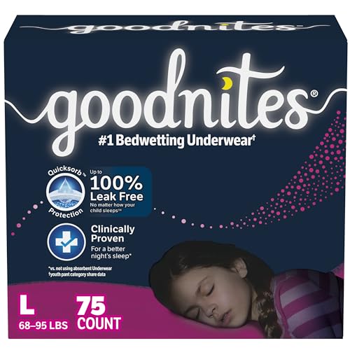 Goodnites Girls' Nighttime Bedwetting Underwear, Size Large (68-95 lbs), 75 Ct (3 Packs of 25), Packaging May Vary
