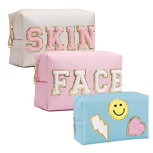 GEMLORD 3 Pieces Preppy Patch Makeup Bag, Small Chenille Letter Cosmetic Bag, PU Leather Waterproof Zipper Skin Care Toiletry Bags for Teen Girls, Portable Preppy Gift for Women(White, Blue, Pink)