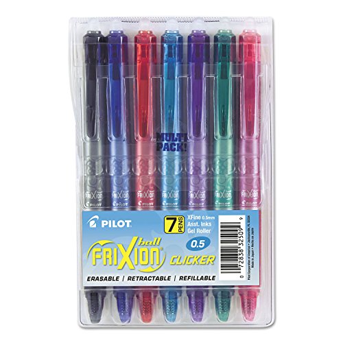 Pilot, FriXion Clicker Erasable Gel Pens, Extra Fine Point 0.5 mm, Pack of 7, Assorted Colors