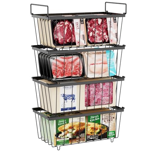 iSPECLE Freezer Organizer Bins - 4 Pack Stackable Chest Freezer Organizer for 7 Cu.FT Deep Freezer Sort Frozen Food, Easily Get Food from the Bottom with Side Handles Add Storage Space, Black