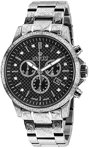 Louis XVI Men's Palais Royale Stainless Steel Strap Silver with Black Real Carbon Dial Real Diamonds Chronograph Analog Quartz 893