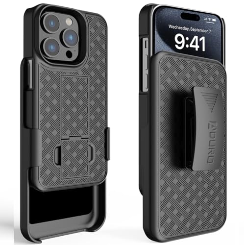 Aduro Combo Case with Kickstand & Holster for iPhone 15 Pro Max, Slim Shell & Swivel Belt Clip Holster, with Built-in Kickstand for Apple iPhone 15 Pro Max (6.7')