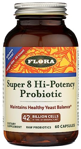 Flora - Super 8 Hi Potency Probiotics 60 Count - Healthy Yeast Balance & Digestive Health - for Men & Women - 42 Billion CFU, Raw, Gluten Free - Up to 2 Month Supply