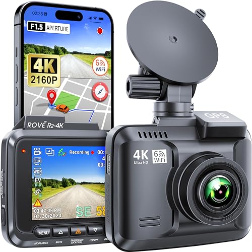 ROVE R2-4K Dash Cam Built-in WiFi GPS Car Dashboard Camera Recorder with UHD 2160P, 2.4' IPS Screen, 150° Wide Angle, WDR, Night Vision