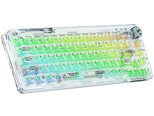 CC MALL 60% Portable Transparent Gasket Hot Swappble Mechanical Gaming Keyboard,RGB Backlit Compact 68 Clear Keycaps,Include 2.4Ghz/Bluetooth/USB-C Connections,Ice Crystal Switch(White)