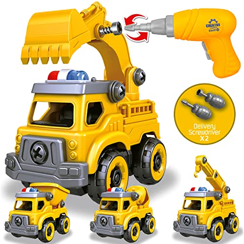 4-in-1 Take Apart Car Toys for Boys, DIY Engineering Construction Truck Toy Vehicle - Dump Truck, Cement Mixer, Excavator, Crane, Kids Building Educational Toy Gift for Age 3 4 5 6 7 8 Year Old Girls