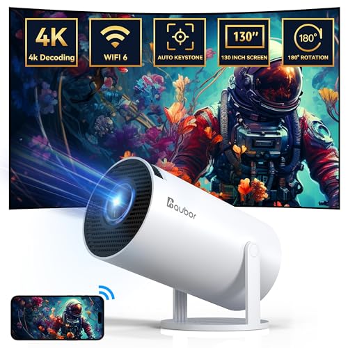 aubor Mini Projector, Support 1080P Smart Portable Projector with 5G WiFi and Bluetooth, 10000 Lumen，Auto Keystone Correction, Premium 360 Sound, 40'-130' Screen Video Projector (White)