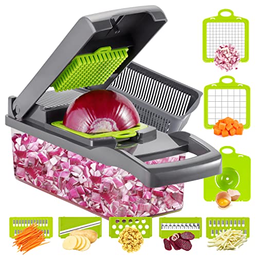 Ourokhome Vegetable Chopper, 12 in 1 Professional Mandoline Slicer for Kitchen, Multifunctional Food Chopper Cutter for Onion, Potato, Tomato, Veggie with 8 blades and Strainer Basket (Gray)