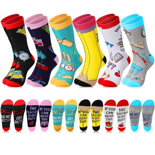 Jeyiour 6 Pairs Teacher Socks for Women If You Can Read This Teacher Is off Duty Novelty Socks Thank You Graduation Gift Unisex Crew Socks for Teacher's Day Birthday