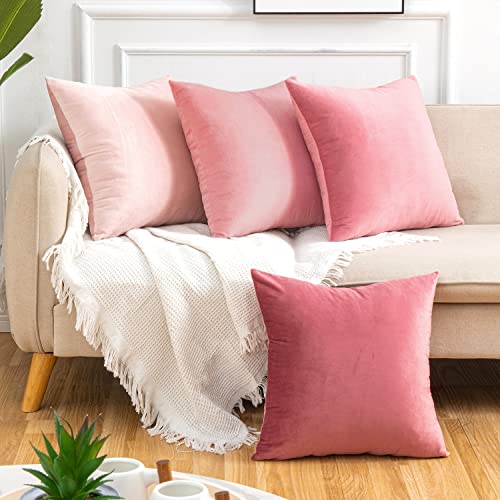 Yonous Pink Combo Set Throw Pillow Covers, Premium Velvet Soft Square Cushion Cases, Decorative Pillows for Sofa Bedroom Car, Set of 4, 18x18 Inch