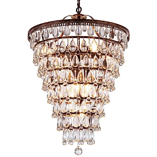Wellmet 20 Inch Crystal Chandelier, Farmhouse Bronze Bathroom Chandeliers, 8-Lights Foyer Lighting Round Hanging Ceiling Light Fixture for Living Room, Bedroom, Entryway, Kitchen Island, Cone Shape
