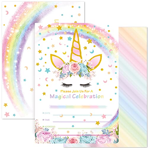 AMZTM Magical Unicorn Party Invitations with Envelopes for Kids Birthday Baby Shower Unicorn Party Supplies 20 Pieces of Fill-in Blank Invitation Card Kit