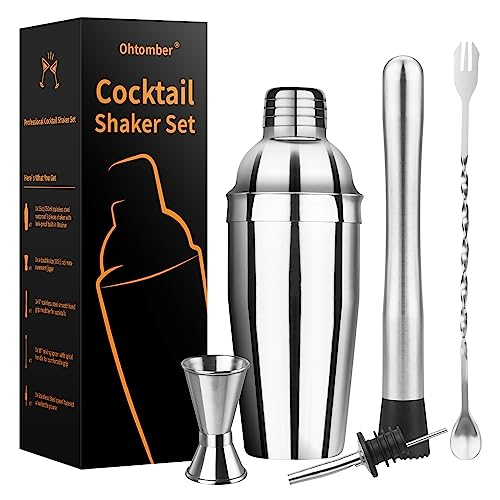 Ohtomber Cocktail Shaker Bartender Kit - 5PCS Cocktail Martini Shaker with Strainer, Muddler for Cocktails, Bar Spoon, Measuring Jigger for Bartending and Liquor Bottle Pourers, Drink Mixer Bar Tools