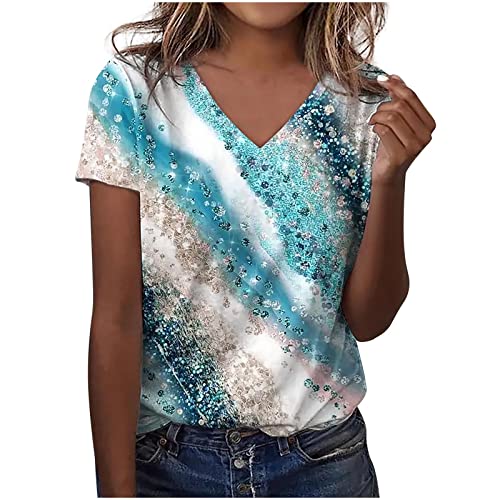 Cute Summer Tops for Teen Girls Women Casual Loose t-Shirt Short Sleeve Sexy v Neck Color Block Shirts Blouse 2023