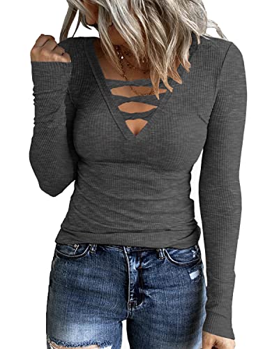 HERILIOS Women Casual Long Sleeve Tunic Tops V-Neck T Shirts Criss Cross Ribbed CasualTee Slim Fitted Fall Blouse Dark Grey
