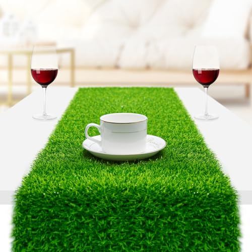 BlissfulTie Artificial Grass Table Runner, 12' x 36' Easter Table Runner, Faux Grass Table Runner with White Tape, DIY Football Tablecloth, Green Table Runner for Easter Decorations, Dining, Party