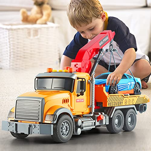 Dwi Dowellin Kids Toys for 3 4 5 6 7 Years Old Boys, 15' Large Tow Truck Toy,Friction Powered Transport Truck Crane Toy with Lights and Sounds,with Roadster,Toddlers Gifts