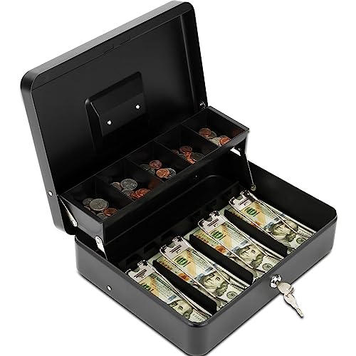 Sgorlds Cash Box Key Lock on Side, Cash Box with Money Tray & Key Lock 4 Bill 5 Coin Slots,Large Safe Lock Box with Key,Metal Money Saving Organizer for Security 11.8L x 9.5W x 3.5H Inches, Black